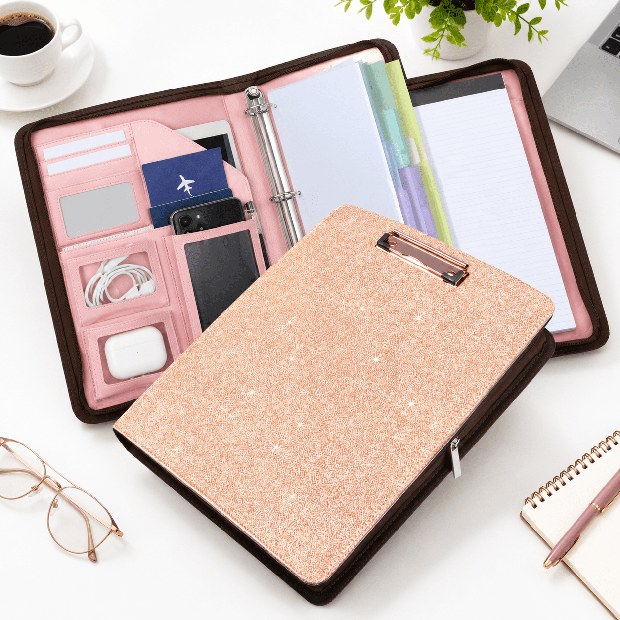 Notebok Ring Rose Golden Leather Padfolio Portfolio 1 Inch Zipper 3 Ring Binder ...
