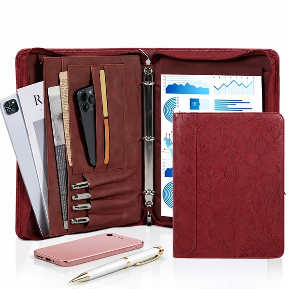 Rose Golden PU Leather Portfolio for Women, 3 Ring Binder Notepad Holder with Zipper, A4 Document Storage, Professional Business Portfolio Organizer, Women's Zipper Binder Briefcase, Gifts New Year