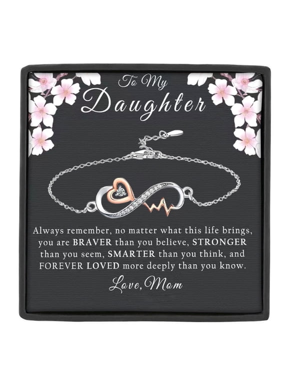 To My Daughter Infinity Heart and Heartbeat Bracelet Complete with Inspirational Message Card and Gift Box from Mom, Birthday Graduation Jewelry Gifts