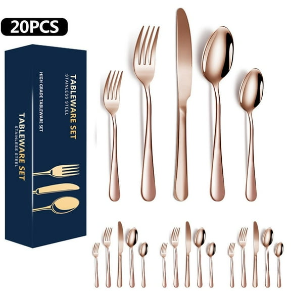Rose Golden Silverware Set 20 Pieces Stainless Steel Flatware Set, Kitchen Utensil Set Service for 5, Tableware Cutlery Set for Home & Restaurant, Dishwasher Safe