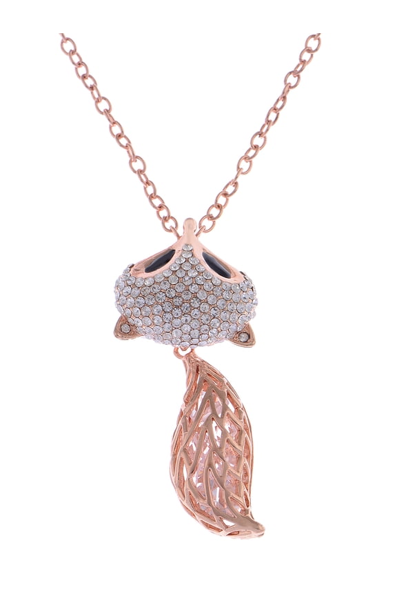 Rose Golden Tone Clear Rhinestone Cute Fox Statement Pendant Necklace