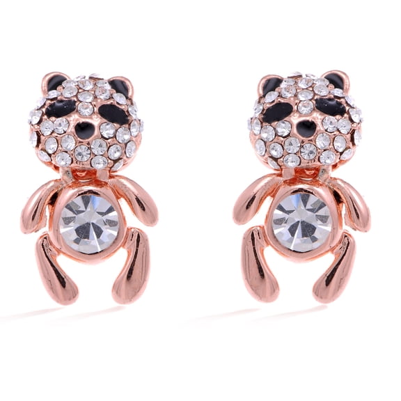Rose Golden Tone Clear Rhinestone Cute Panda Teddy Bear Stud Earrings