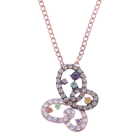 Rose Golden Tone Multicolored Crystal Rhinestones Butterfly Bug Pendant Necklace