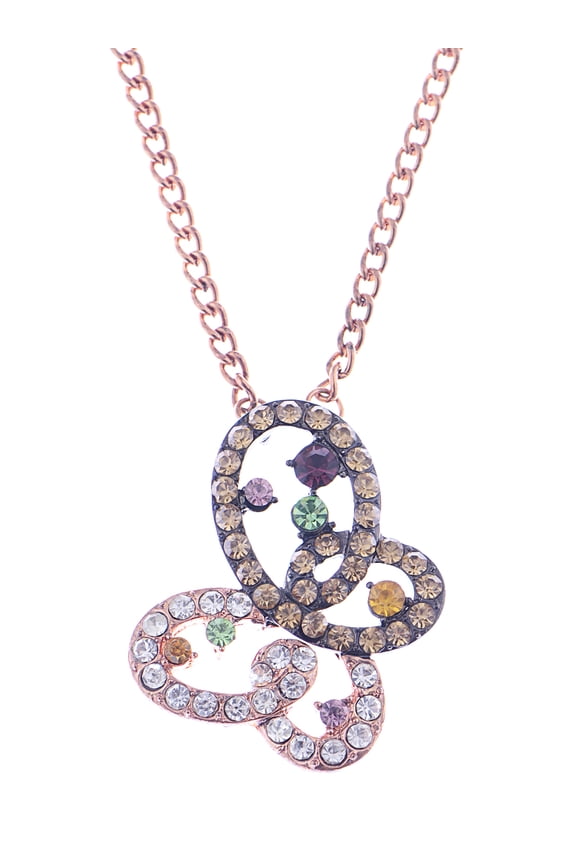 Rose Golden Tone Multicolored Crystal Rhinestones Butterfly Bug Pendant Necklace
