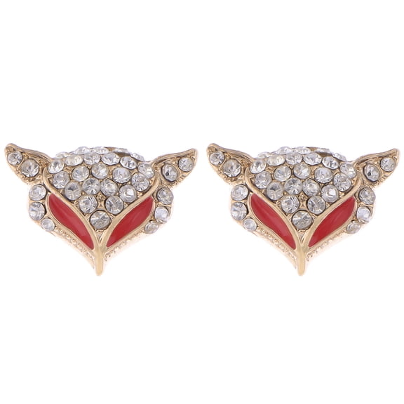 Rose Golden Tone Shine Clear Crystal Rhinestones Red Enamel Eyes Clever Fox Head Stud Earrings