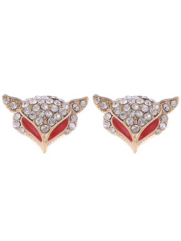 Rose Golden Tone Shine Clear Crystal Rhinestones Red Enamel Eyes Clever Fox Head Stud Earrings