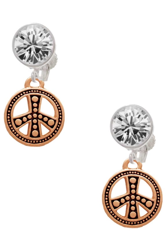 Rose Goldtone Beaded Peace Sign Clear Crystal Clip On Earrings