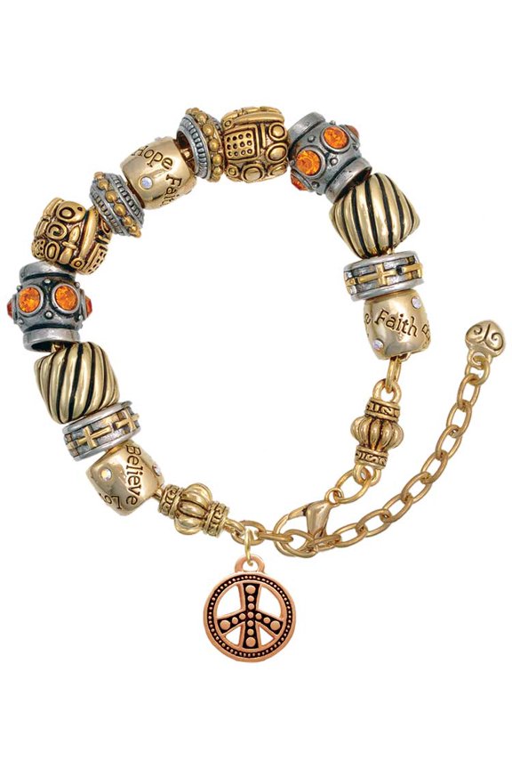 Rose Goldtone Beaded Peace Sign Two Tone Christian Bead Bracelet