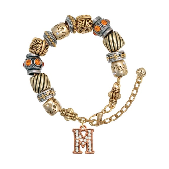 Rose Goldtone Crystal Initial - M - Two Tone Christian Bead Bracelet