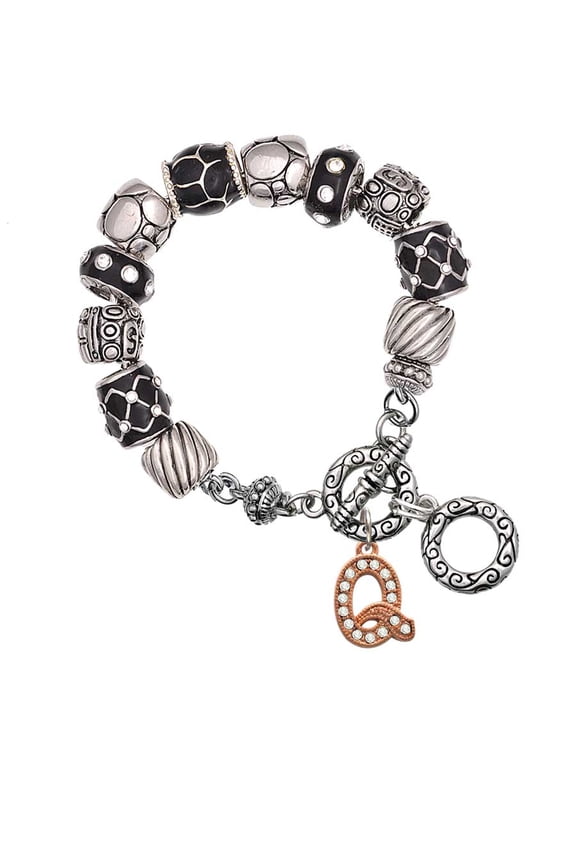 Rose Goldtone Crystal Initial - Q - Black Pebble Bead Charm Bracelet
