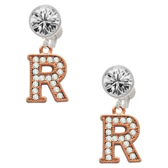 Rose Goldtone Crystal Initial - R - Clear Crystal Clip On Earrings