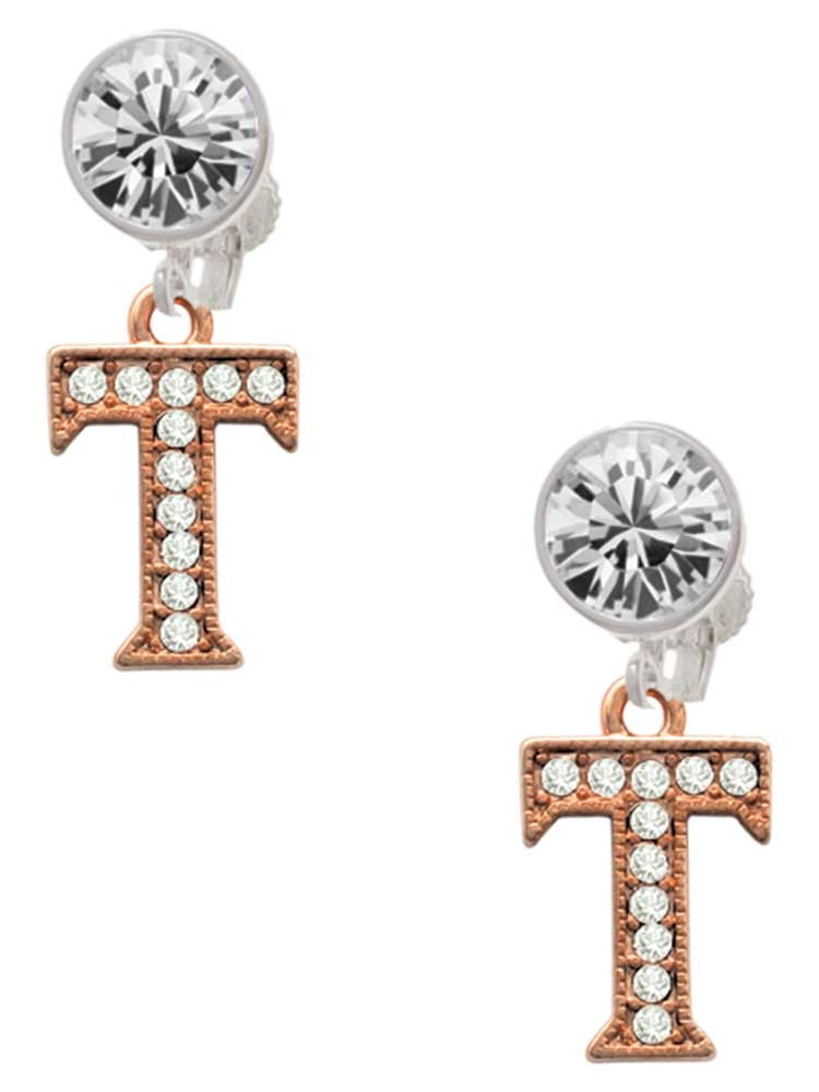 Rose Goldtone Crystal Initial - T - Clear Crystal Clip On Earrings