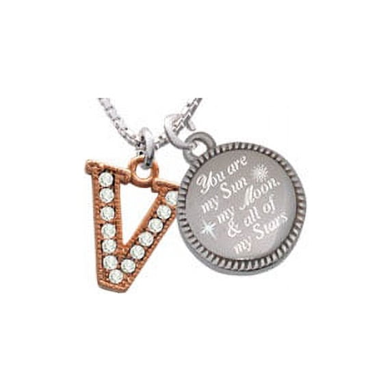 Rose Goldtone Crystal Initial - V - You are my Sun, My Moon, and All of My Stars Engraved Necklace