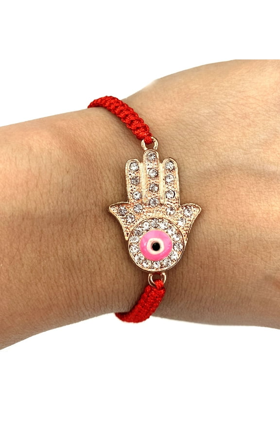 Rose Goldtone Hamsa Hand With Evil Eye Handmade Red String Bracelets - Good for Protection