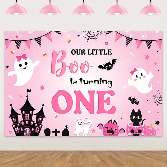 Rose Halloween Girl Birthday Background Cloth, Our Little Boo Turning One Party Photo Backdrop, Pink Ghost Pumpkin Spider Web Doorway Wall Decor For Baby Celebration With Four Corner Grommets And