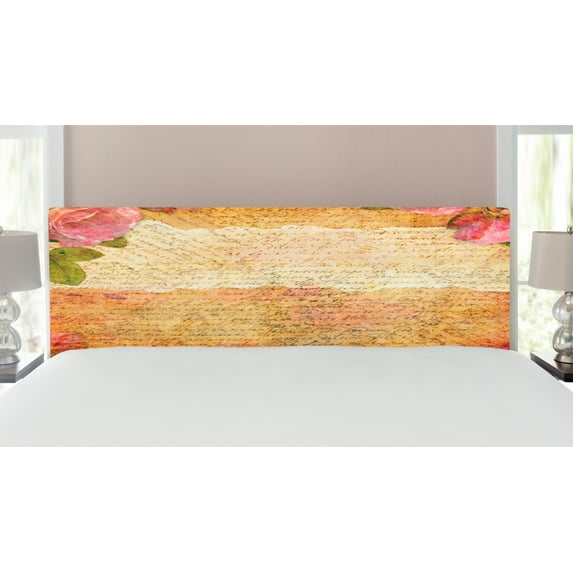 Rose Headboard, Floral Nostalgic Collage of Old Latters and Roses Retro Romantic Art Print, Upholstered Decorative Metal Bed Headboard with Memory Foam, King Size, Cream Pink, by Ambesonne