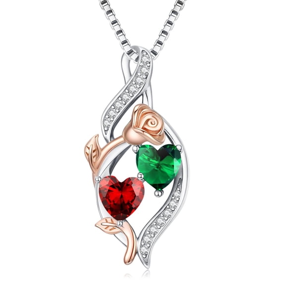 Rose Heart Double Birthstone Necklace for Women, 18K White Gold-Plated Infinity Love Symble Jewelry, Christmas Valentines Birthday Mother's Day Gift for Her/Wife/Mom