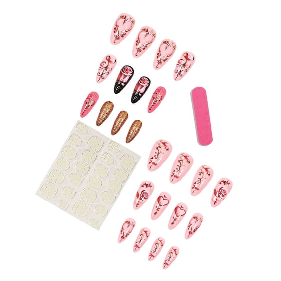 Rose Heart Valentine Press On Nails 24 Pcs Water Drop Design Wearable Fake Nail Art Tips For Women