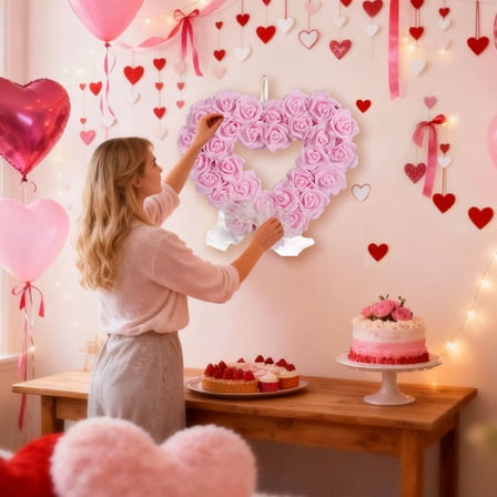 Rose Heart Wreath with Plastic Roses | Romantic Door & Wall Decor for Valentine's Day, Wedding, Home | 13.78x12.60 Inches, Pink White Red