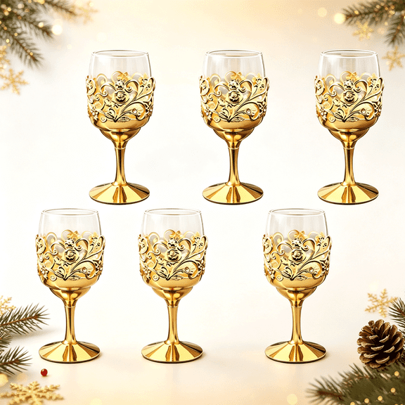 Rose Hollow Out Wine Glasses Set Of 6, Luxury Inlaid Rhinestone Goblets, Vintage Gold Stemmed Cups, Christmas Wedding Party Decorative Drinkware, Elegant Holiday Gift For Women Home Table Decor