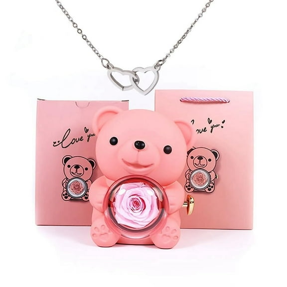Rose Hug Bear Jewelry Box Preserved Real Rose Gifts, Engraved Heart Necklace with Real Flower Bear Gift Box, Rose Flower Gifts for Women Valentine's Day Mother's Anniversary Birthday (White)