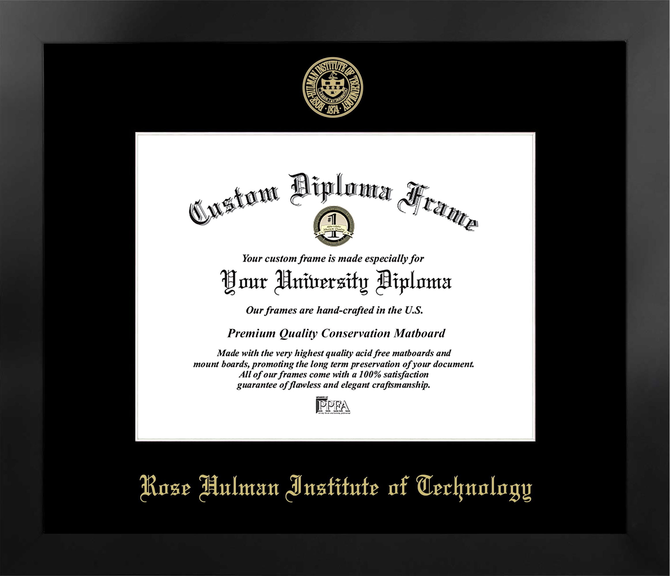 Rose Hulman Institute of Technology 11w x 8.5h Manhattan Black Single Mat Gold Embossed Diploma Frame with Bonus Campus Images Lithograph (value savings at $59)