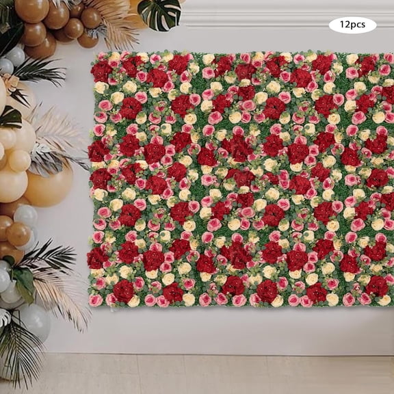 Rose Hydrangea Flower Wall Backdrop -12 Pcs 15.7 * 23.6in Pink & Red &Yellow Artificial Flower Wall Panels Faux Hanging Floral Backdrop, for Bridal Showers, Baby Showers, Birthday Parties, Proposals