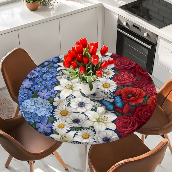 Rose Hydrangea Lilies Independence Day Round Fitted Tablecloth with Elastic Edge,Waterproof Table Cloth Fits Tables Up to 36"-44",Wipeable Washable Table Cover for Indoor Outdoor Dinning Party,Flower
