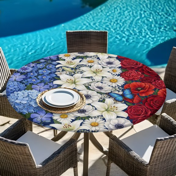 Rose Hydrangea Lilies Independence Day Round Fitted Tablecloth with Elastic Edge,Waterproof Table Cloth Fits Tables Up to 45"-54",Wipeable Washable Table Cover for Indoor Outdoor Dinning Party,Flower