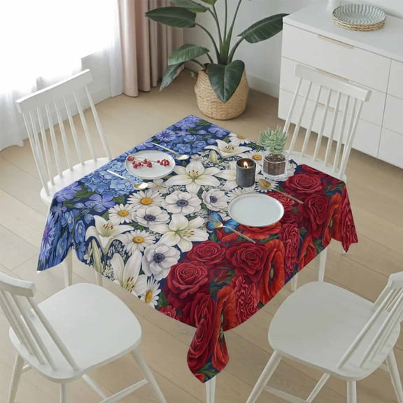 Rose Hydrangea Lilies Independence Day Table Cloth 54x54in, Waterproof Square Tablecloth Wipeable Tablecloths Watercolor Flower Table Covers for Dining Tables Party Indoor Outdoor
