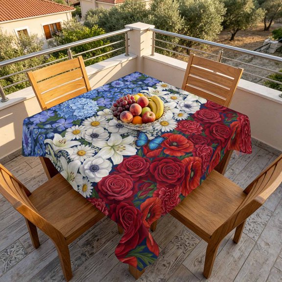Rose Hydrangea Lilies Independence Day Table Cloth 60x60in, Waterproof Square Tablecloth Wipeable Tablecloths Watercolor Flower Table Covers for Dining Tables Party Indoor Outdoor