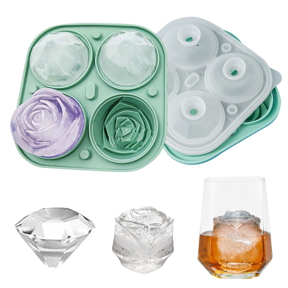 Rose Ice Trays,2 inch Rose+Diamond Ice Cube Trays With Covers,4 Cavity Silicone Rose Ice Ball Maker,Easy Release Large Ice Cube Form for Chilled Cocktails,Whiskey,Bourbon & Homemade Juice Black