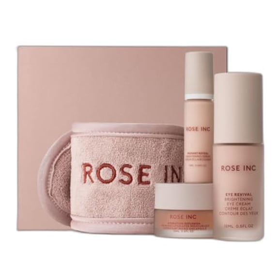 Rose Inc Brightening Essentials Gift Set for Women  Travel-Size Radiant Reveal Serum, Eye Revival Cream, Hydration Moisturizer & Headband  For Skincare Routine & Gifting