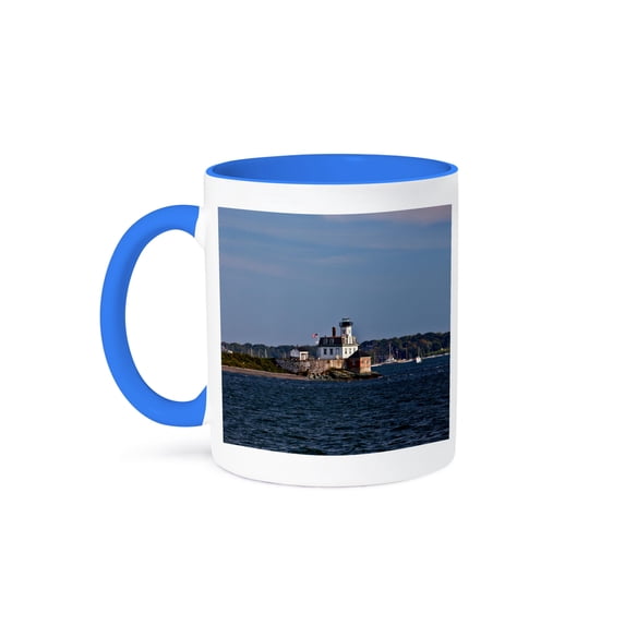 3dRose, Rose Island Lighthouse, Newport, Rhode Island, USA, 15oz Two-Tone Blue Mug