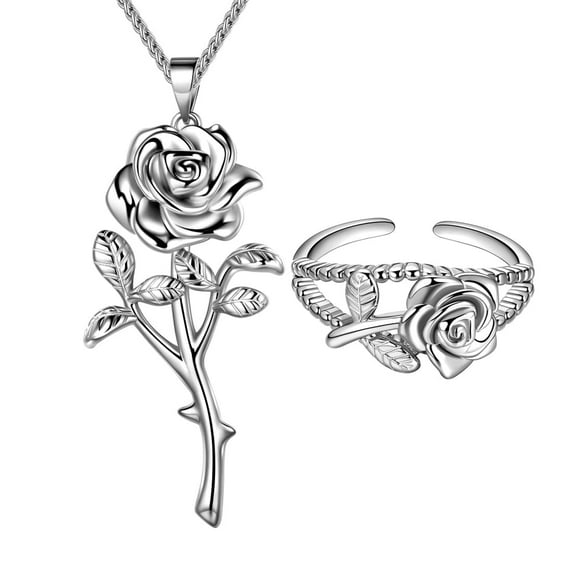 Rose Jewelry Sets 3D Vivid Rose Flower Pendant Necklace Ring Silver Plated Women Jewelry Mother Birthday Christmas Valentine's Day Gifts for Her