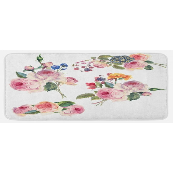 Rose Kitchen Mat, Vintage Floral Bouquets with English Roses Wildflowers Botanical Natural Summer Time, Plush Decorative Kitchen Mat with Non Slip Backing, 47" X 19", Multicolor, by Ambesonne