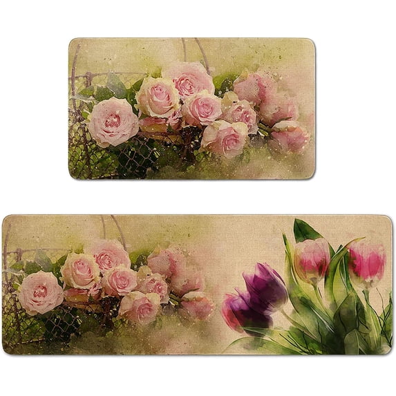 Rose Kitchen Rugs and Mats Non Skid Washable 2 Pieces Natural Rubber, Flowers Kitchen Mats for Floor Runner Rugs Standing Mat Set (17" Wx30 L+17" Wx 47" L) Watercolor