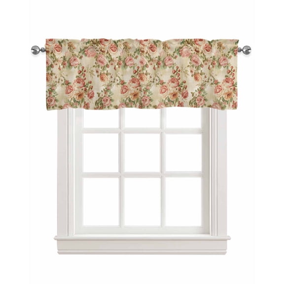 Rose Kitchen Valances for Windows Farmhouse Linen Window Valance Curtain for Living Room Window Treatment Vintage Pastoral Farmhouse Botanical Flowers Valance Rod Pocket Topper Drape, 54 x 18 Inch