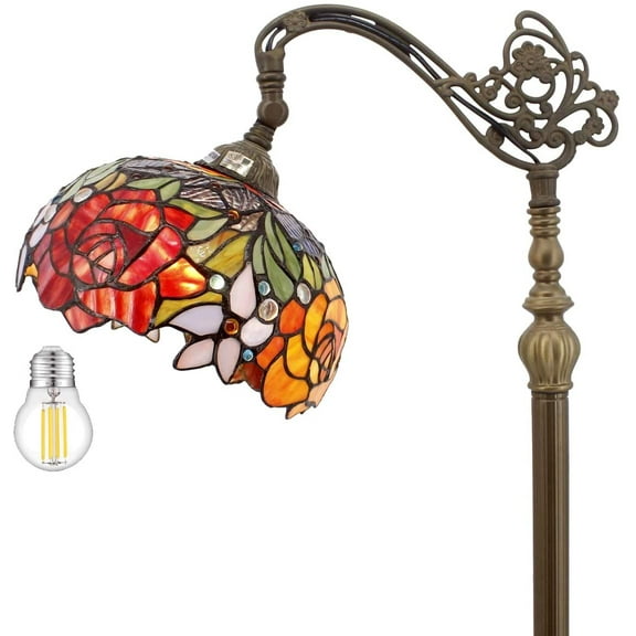 Rose LED Tiffany Floor Lamp 64" Tall Industrial Pole Vintage Boho Stained Glass Standing Corner Arc Bright Reading Soft Light Arched Gooseneck Adjustable-Living Room Kids Bedroom Farmhouse