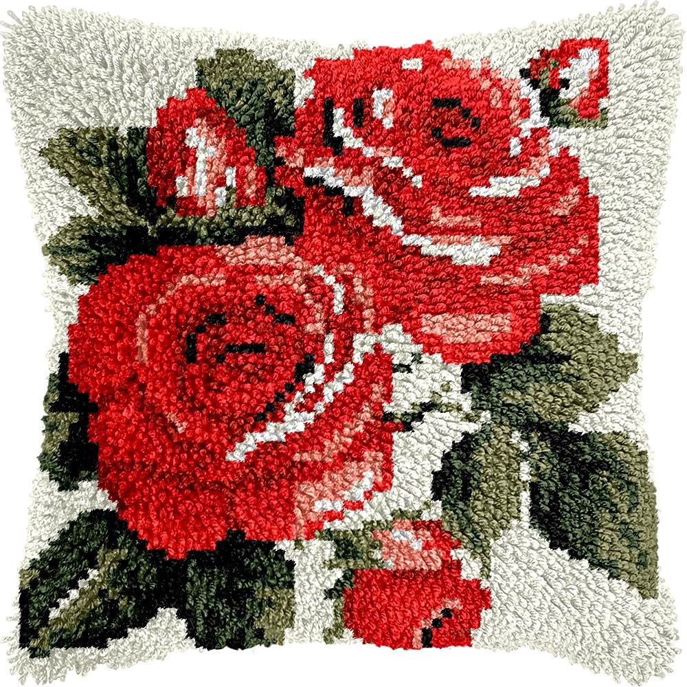 Rose Latch Hook Kits Pillow kits Cushion Throw Pillow Embroidery Craft Kits DIY Kits of DIY Hooking Pillowcase Cover Supplier with Color Printed Canvas 43x43cm (220)