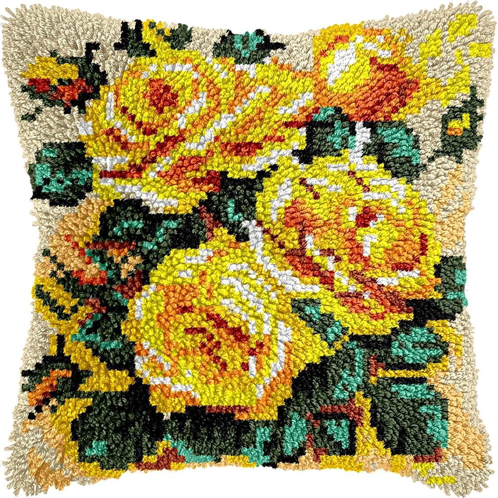 Rose Latch Hook Pillow Kits Pillow Cover Latch Hook Crafts Crochet Knitted Hooking Pillowcase Cushion Crafts Embroidery Latch Hooking Kits Material Set 17x17 inch(153)