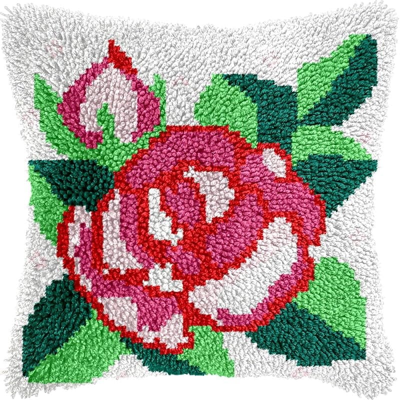 Rose Latch Hook Pillows Kits Cushion Pillow Cover with Pattern Printed Canvas Sofa Hooking Pillowcase Crafts Embroidery Latch Hooking Crochet Kits Set 17x17 inch(1)
