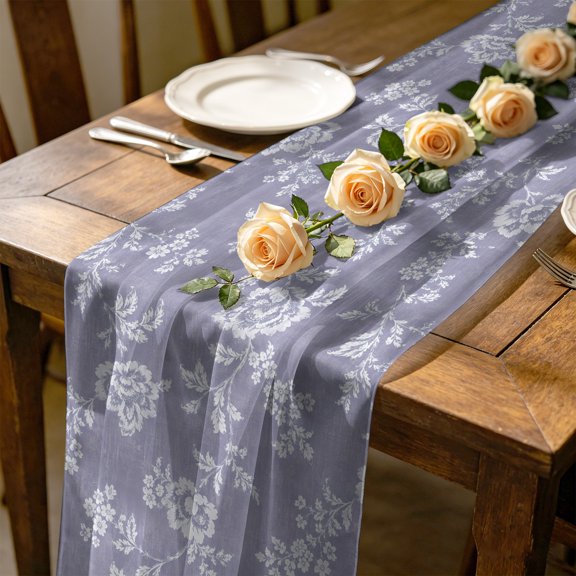 Rose Leaves 4.5 ft Cheesecloth Table Runner for Wedding 19"x55", Rustic Vintage Floral Flower Purple Linen Texture Kitchen Dinner Sheer Tulle Chiffon Dresser Scarf, Holiday Party Decorations