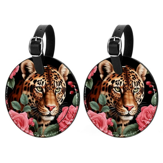 Rose Leopard 2Pcs PU Leather Round Luggage Tags with Privacy Cover and Name ID Tag for Suitcase, Handbags, Backpacks, School Bags