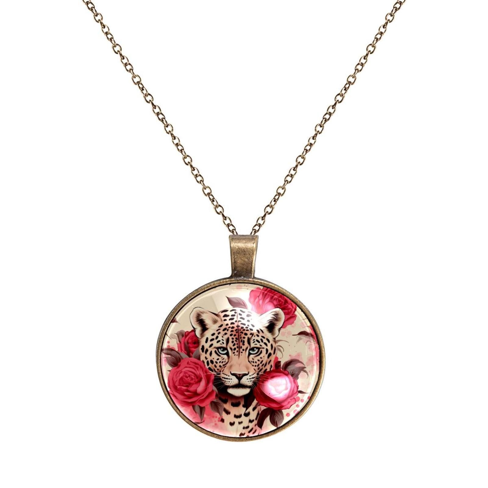 Rose Leopard Animals Elegant Glass Circular Pendant Necklace for Women ...
