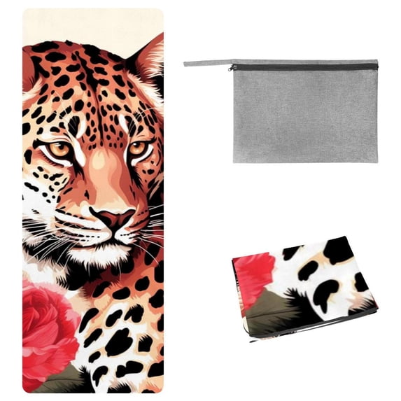 Rose Leopard Gym Yoga Mat Towel with Storage Bag, 72.8"x26.8" - Pilates, Fitness, Yoga Blankets - Suitable for Yoga, Pilates, Fitness, etc.