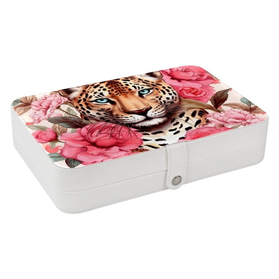 Rose Leopard Portable PU Leather Jewelry Box Organizer with Removable Compartment, Necklace Holder, Bracelet Holder