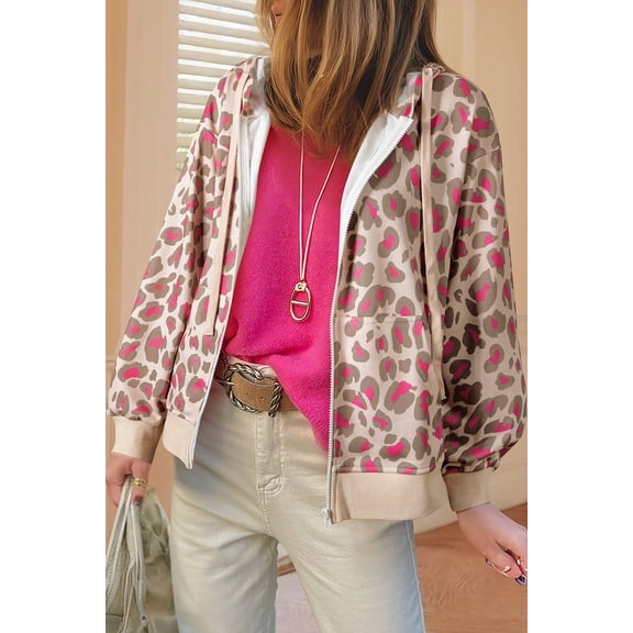 Rose Leopard Print Zip-up Hooded Sweatshirt