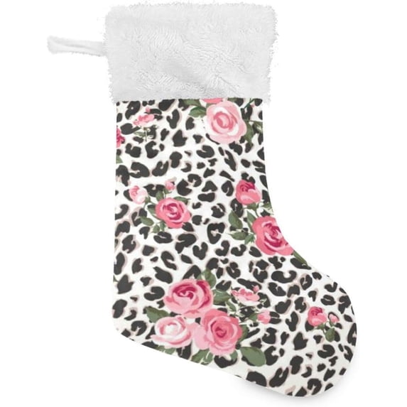 Rose Leopard Skin Christmas Stockings Animal Christmas Presonalized Large Stocking Sock, Set of 1 Xmas Party Winter Decor Candy Bag Family Holiday Gift, 17.7 Inch