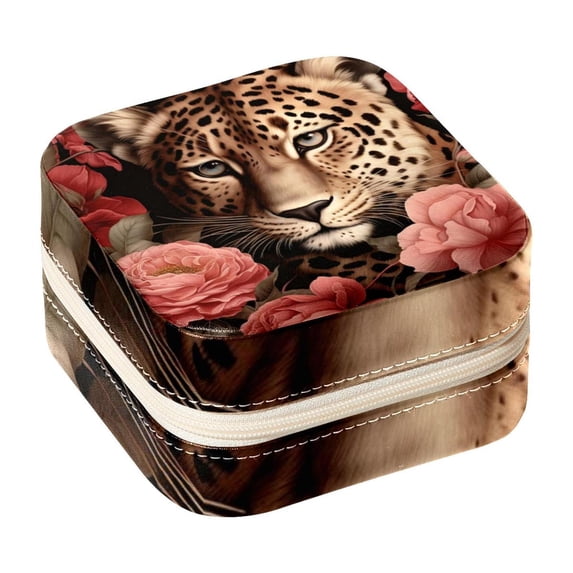 Rose Leopard Travel Portable Square Jewelry Box with Necklace Organizer, Earring Organizer, and Display Case - Ideal for Rings, Earrings, Necklaces, Bracelets, and More - Suitable for Girls and Women